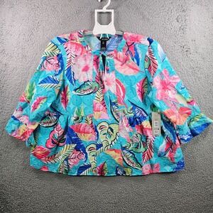 NEW Ali Miles Top Blouse Women Petite XL Tie Neck Colorful Leaf Print